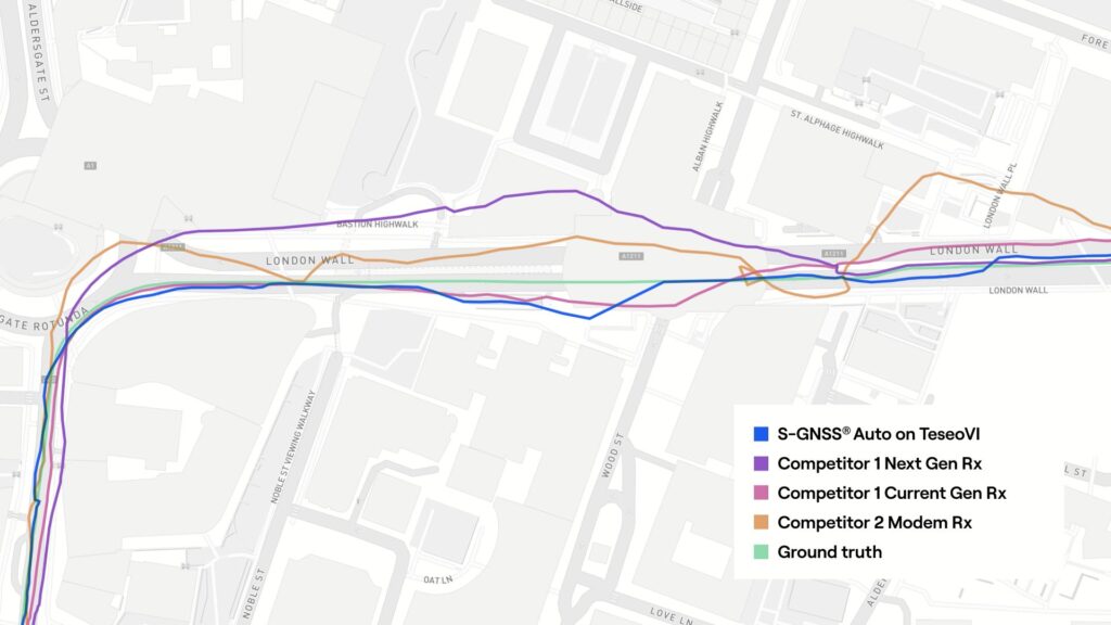 In dense urban segment, the TeseoVI and S-GNSS trace shows tighter alignment to ground truth. (Credit: Focal Point) 