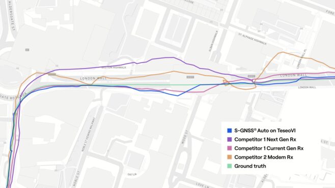 In dense urban segment, the TeseoVI and S-GNSS trace shows tighter alignment to ground truth. (Credit: Focal Point)