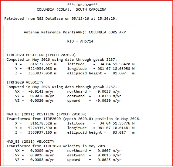 NGS CORS position and velocity sheet for COLA