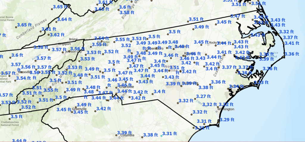 Approximate differences between NATRF2022 (Epoch 2020.0) and NAD 83 2011 (Epoch 2010.0) in NC Horizontal Change (unit ft). (Credit: Dave Zilkoski)