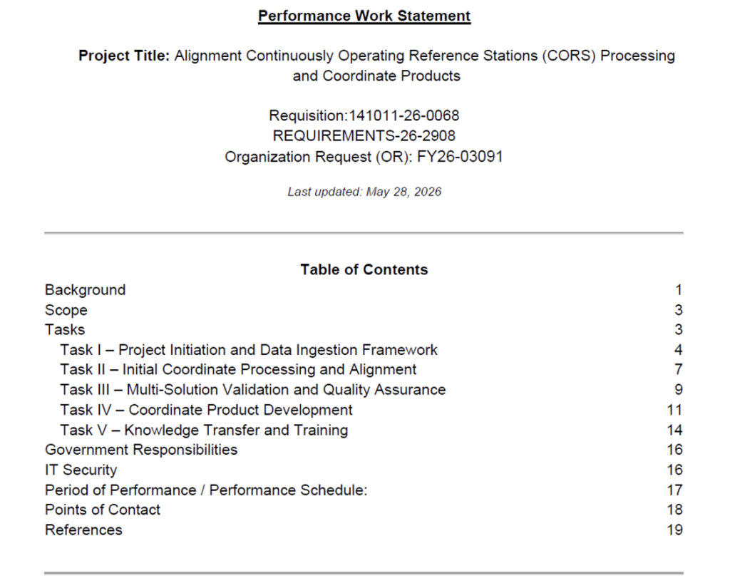 Table of Contents of Performance Work Statement.