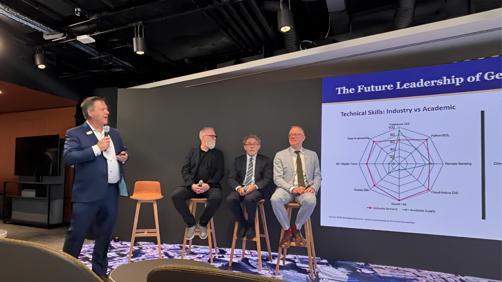 From left: Aaron Addison, executive director, WGIC; Mark Coates, vice president of Infrastructure Policy Advancement, Bentley Systems; John Wilson, professor of Spatial Sciences and Sociology, University of Southern California; and Lou Leonard, dean, School of Climate, Environment & Society, Clark University.