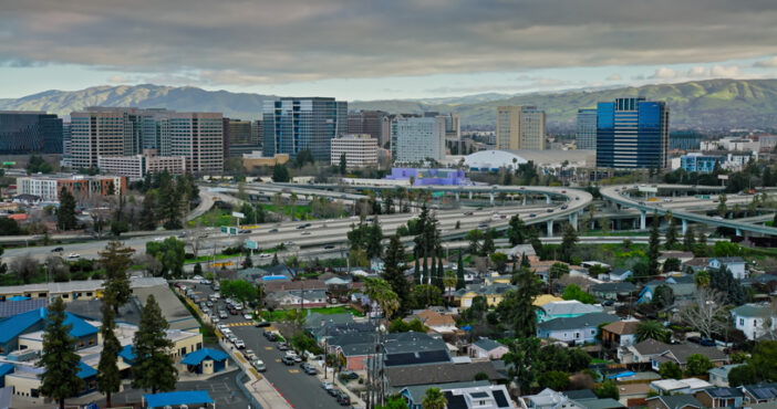 Aerial shot of Junipero Serra and Guadalupe freeway interchange overlooking Market - Almaden, a neighborhood in San Jose, Santa Clara County, where NextNav operates. (Credit: halbergman/E+/Getty Images)