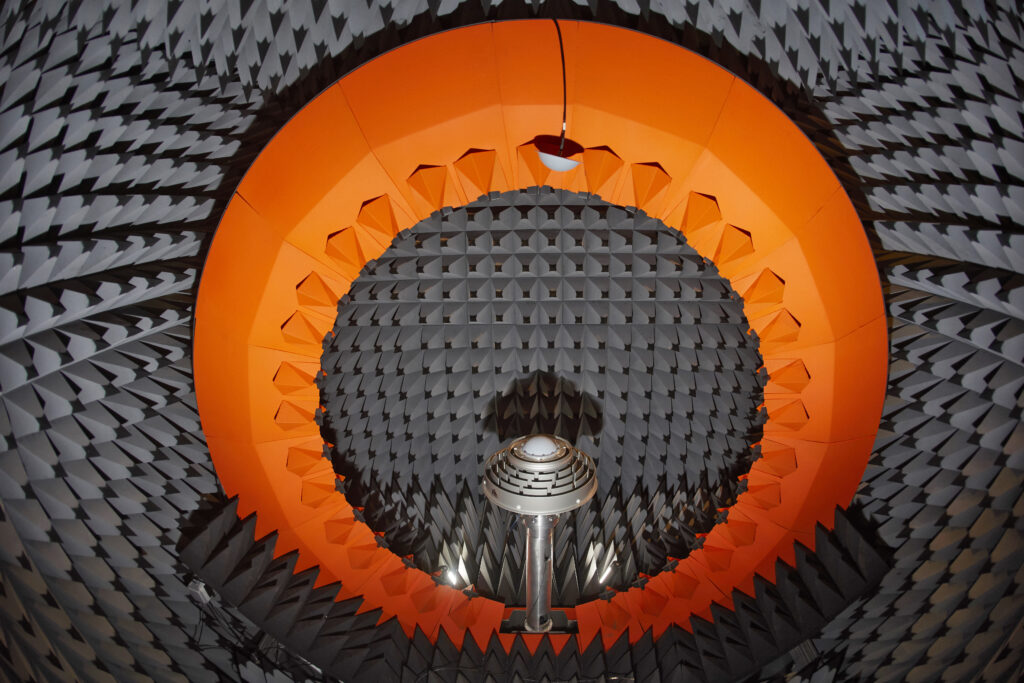 One of the anechoic chambers used to test GNSS antennas and receivers in a controlled environment. Shown is the NovAtel GNSS-750 multi-constellation wideband choke ring antenna. (Credit: Hexagon)