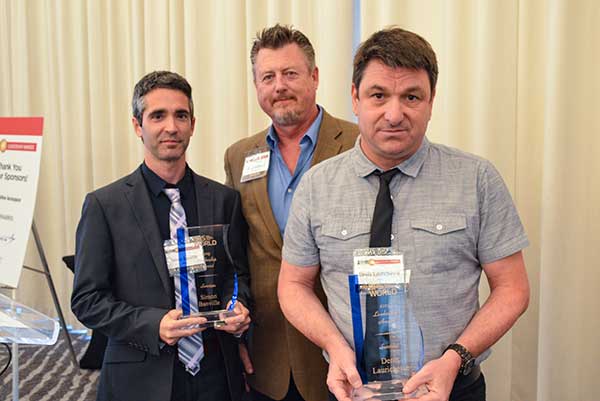 SERVICES AWARD: Presented by Mike Shepherd of Collins Aerospace (back) to Simon Banville (front left) and Denis Laurichesse. (Photo: GPS World)
