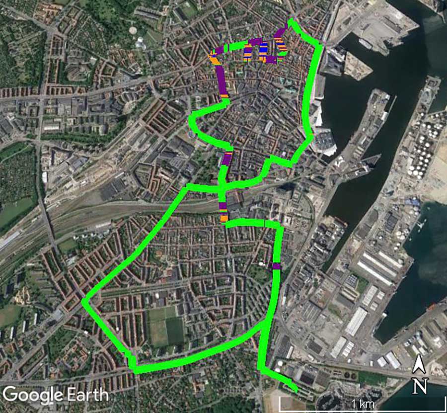 Figure 4. Quality of RTK positions obtained during one drive through the City of Aarhus. (Map data: Google, TerraMetrics)Photo: