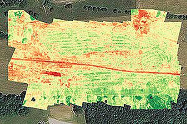 Crop health analysis: Precisionhawk’s software PrecisionAnalytics—Agriculture automatically generates georeferenced orthomosaics from data collected with drone sensors. (Map: PrecisionHawk)